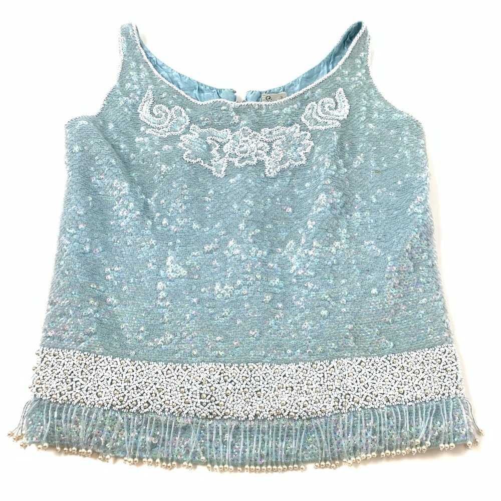 Vintage Beaded Sequined Top Women Simon’s Blue Sz Medium Full Zip Gatsby Sequins